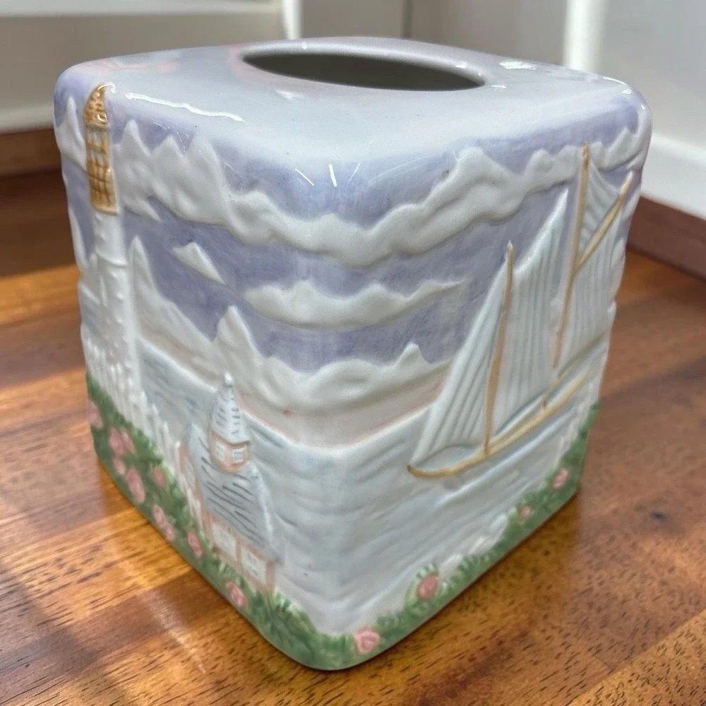 Vintage 1980s Handpainted Ceramic Tissue Box Cover Lighthouse Nautical Cottage